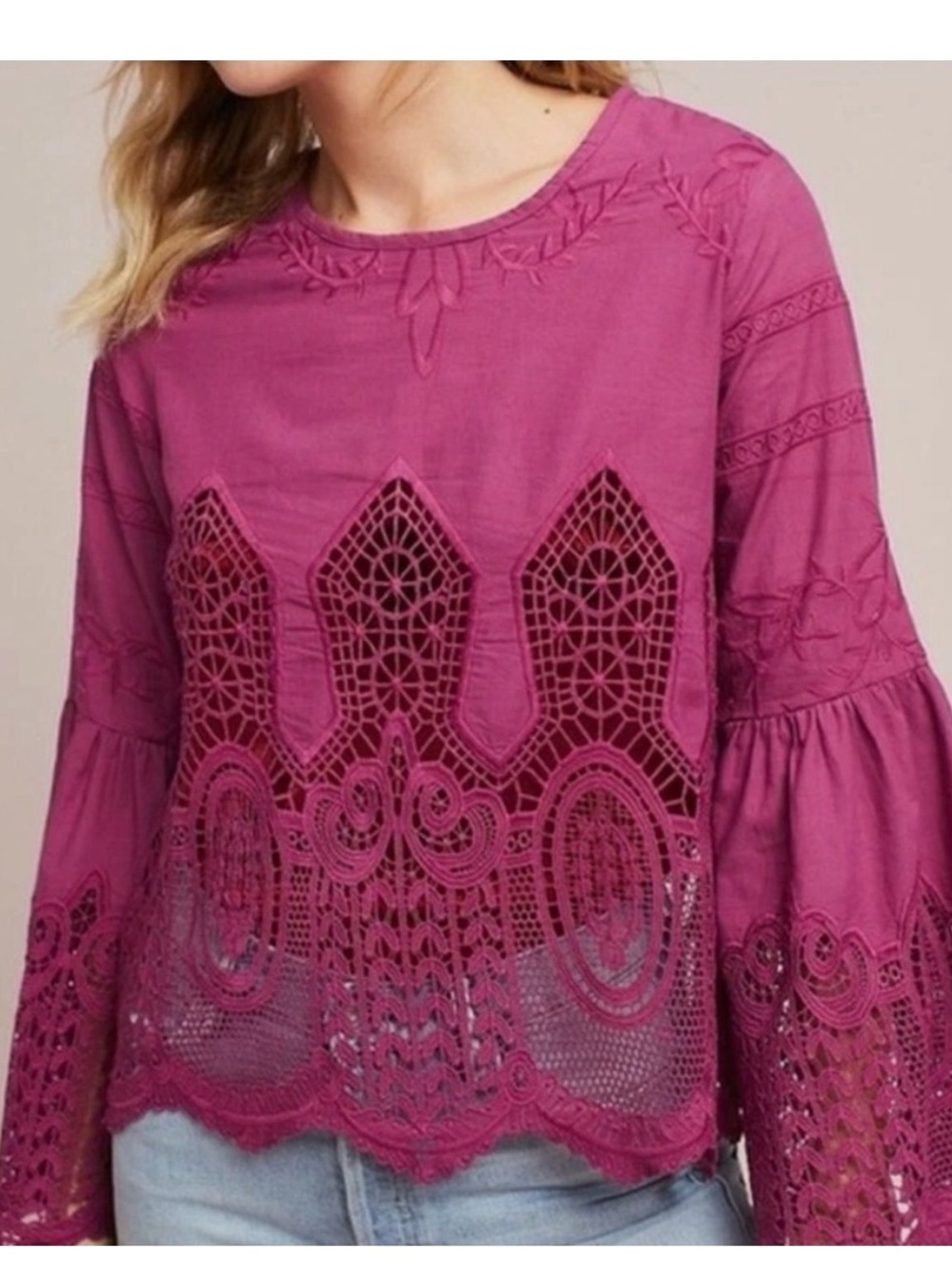 Anthropologie Chloe Oliver Magenta Bell Sleeve Lace Top - Picture 2 of 5